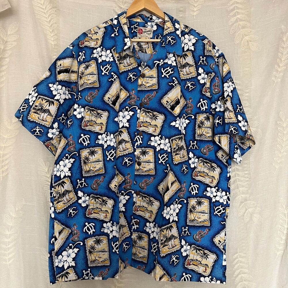 Vintage Hilo Hattie Turtle and Postcard Aloha Camp Shirt